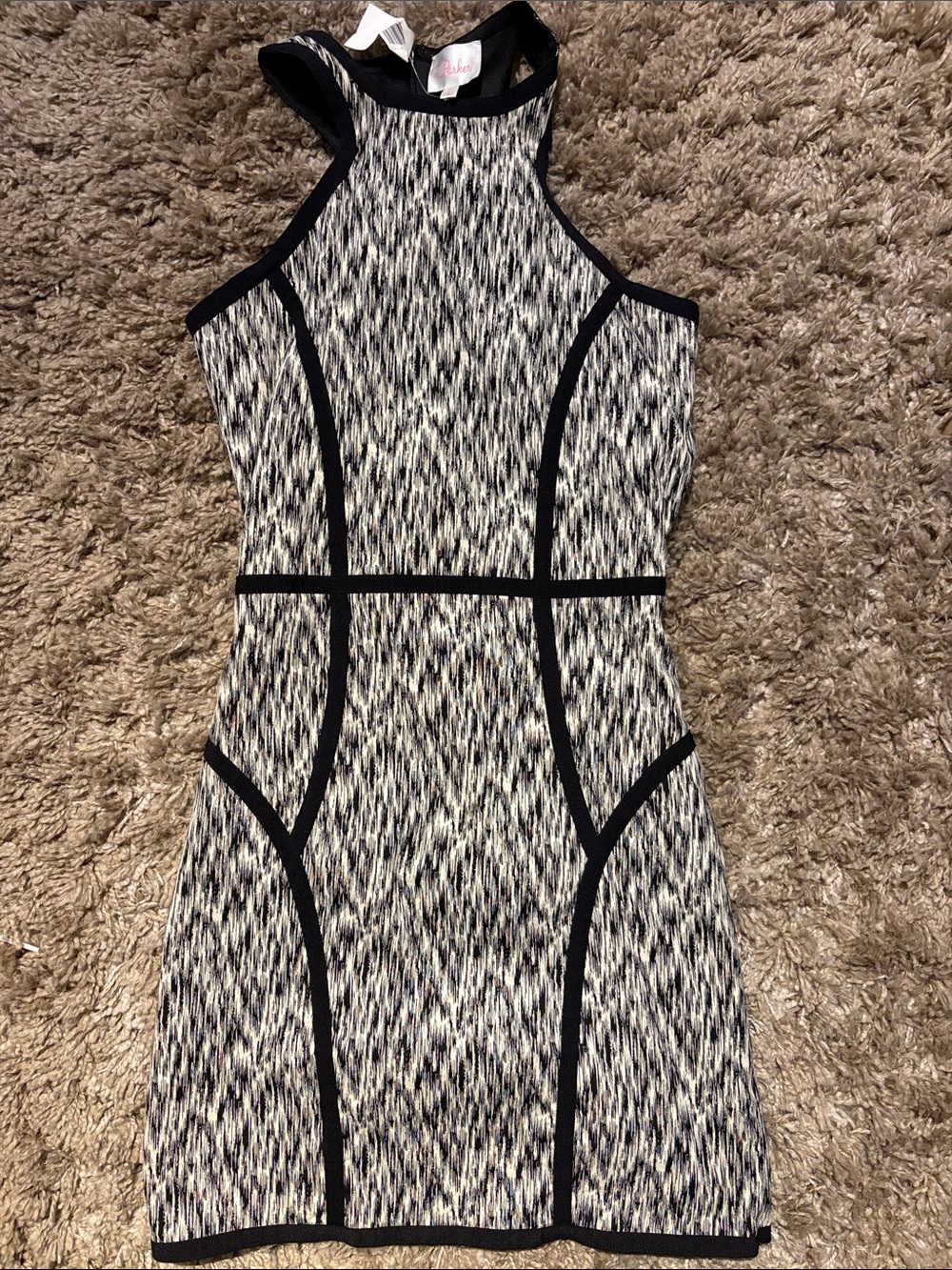 Parker Black and White Patterned Halter Mini Dress